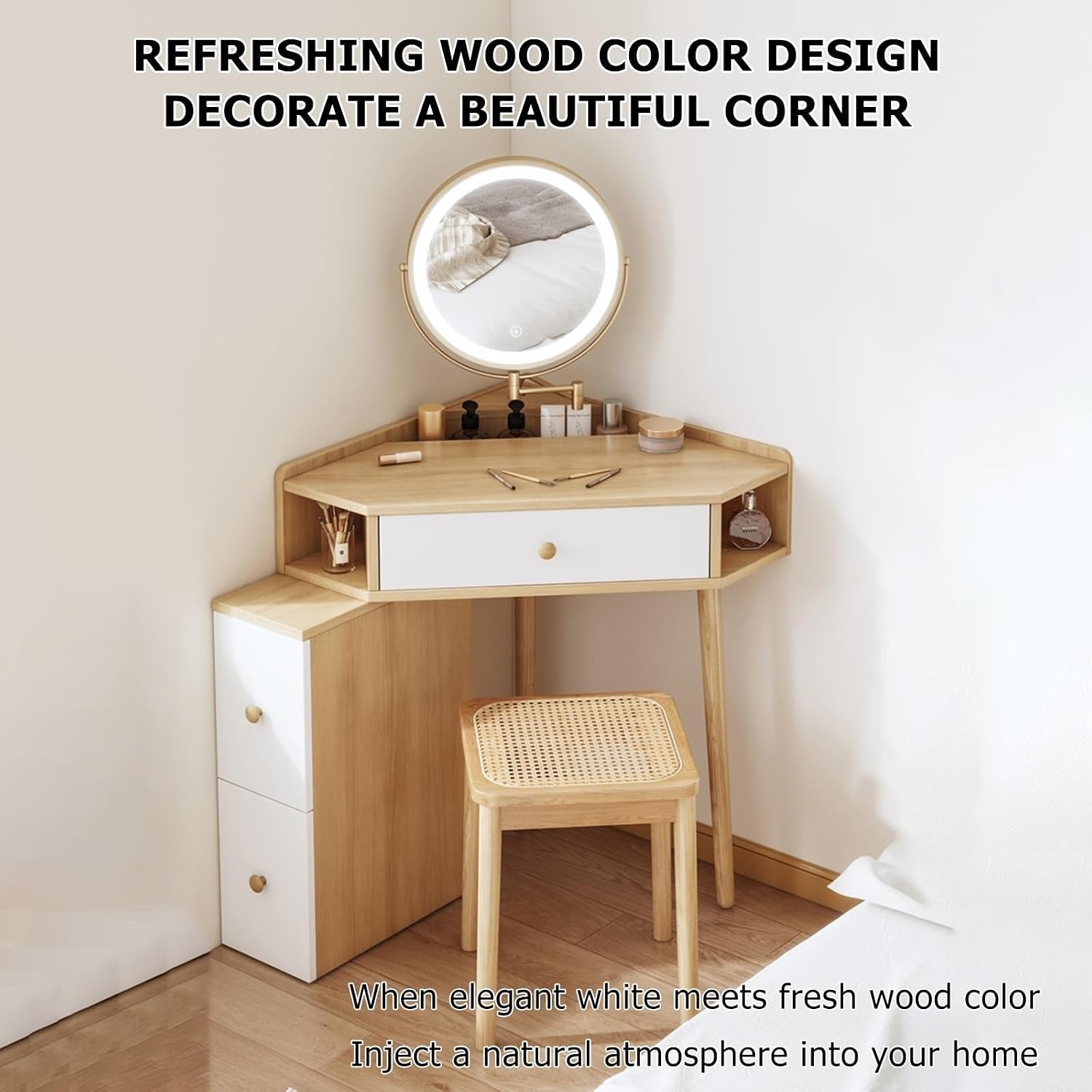 Corner Vanity Desk Set Wood Dressing Table with Drawer & Open Shelves Makeup Table for Small Room Solid Construction(Brown,50cm Without Mirror)