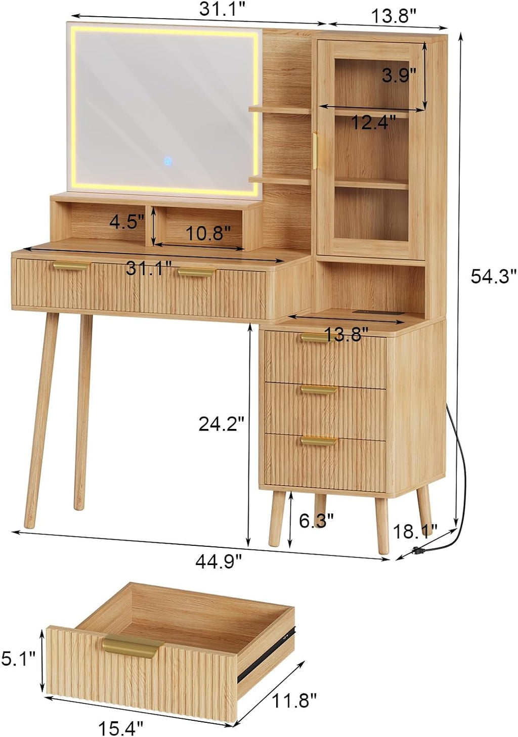 Modern Makeup Vanity Desk with Lights, 24-inch HD Lighted Mirror, 5 Drawers, Power Outlet & USB Ports, Fluted Dressing Table with Storage Shelf for Women & Girls (Wood)