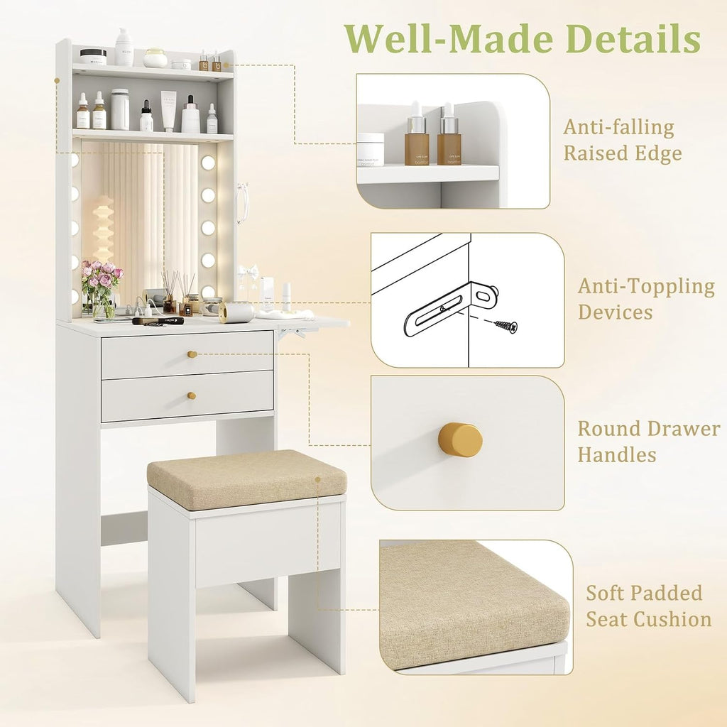 CHARMAID Small Vanity Desk with Mirror and Lights, White Makeup Vanity Table with Storage Bench, Drawers, Shelves, Foldable Side Table, Charging Station, Compact Vanity for Small Bedroom Narrow Space