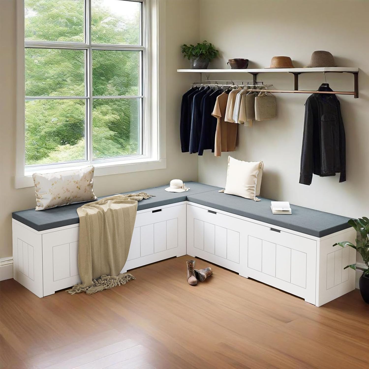 L-Shaped Corner Storage Bench Compartments & Cushioned Seat, Kitchen Breakfast Nook Bench with Hidden Storage, Wood Flip-Top Shoe Benches for Entryway Cloakroom, White & Grey