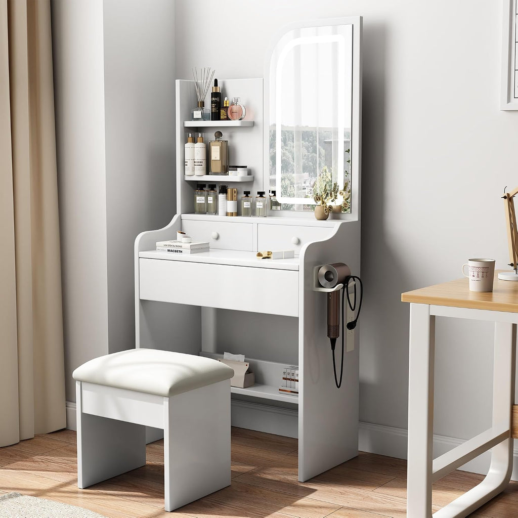 Small Makeup Vanity Desk with Mirror and Lights, Vanity Table Set with Storage Drawer, 3 Lighting Colors, Dressing Table for Bedroom, White
