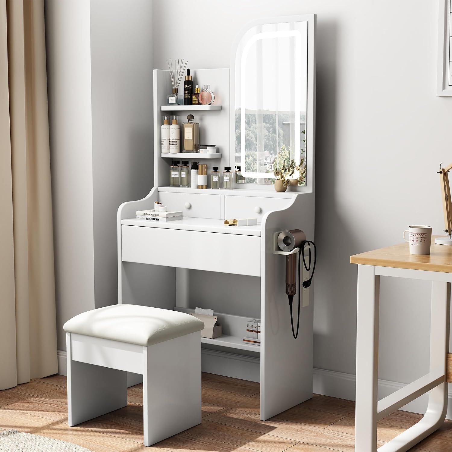 Small Makeup Vanity Desk with Mirror and Lights, Vanity Table Set with Storage Drawer, 3 Lighting Colors, Dressing Table for Bedroom, White