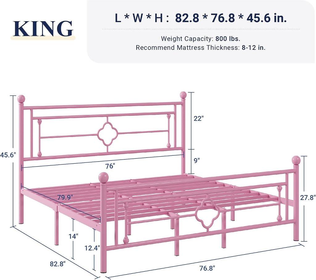 Allewie King Size Metal Platform Bed Frame with Victorian Vintage Headboard and Footboard/Mattress Foundation/Under Bed Storage/No Box Spring Needed/Noise-Free/Easy Assembly, Pink