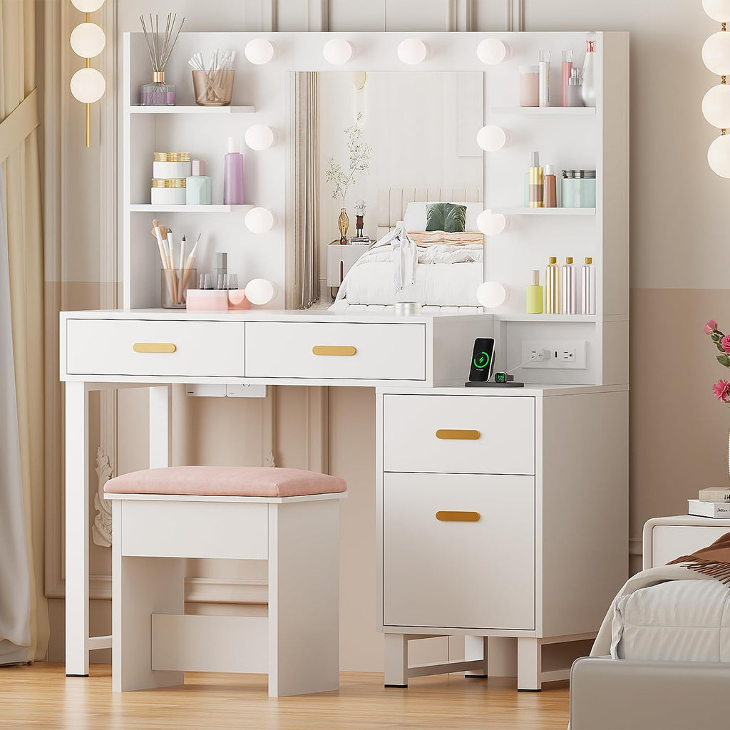 ANWBROAD Makeup Vanity Desk Vanity Set with 10 LED Bulbs Lighted Mirror Makeup Vanity Table Set with Charging Station Nightstand 3 Colors Modes Dimming Cushioned Stool Large Mirror White UBDT53W