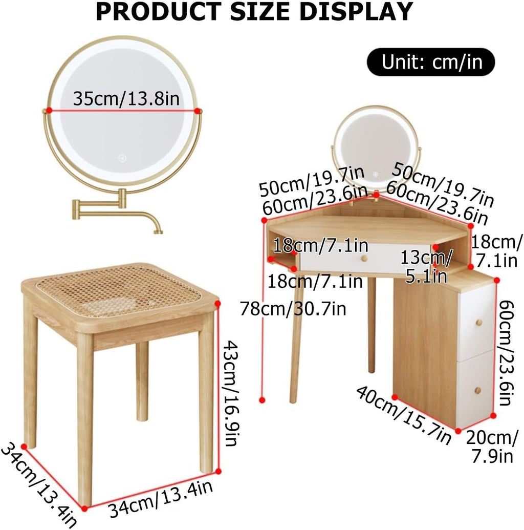 Corner Vanity Desk Set Wood Dressing Table with Drawer & Open Shelves Makeup Table for Small Room Solid Construction(Brown,50cm Without Mirror)