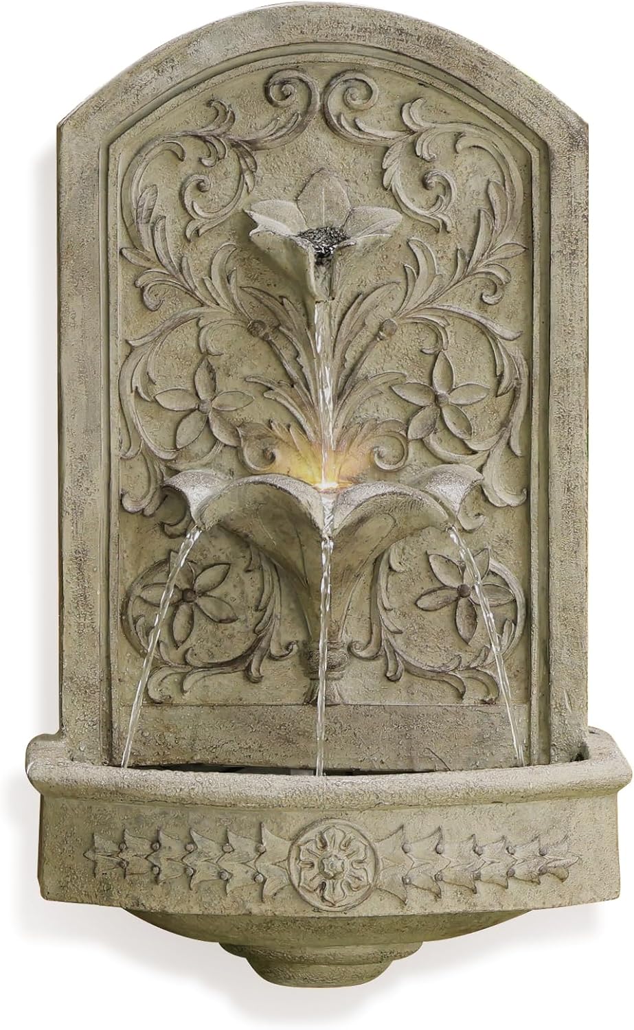 Vintage Wall-Mounted Outdoor Fountain, 28.3' H Resin Garden Water Feature with Floral Carving, Decorative Antique Wall Waterfall for Patio, Yard, Porch & Home Décor