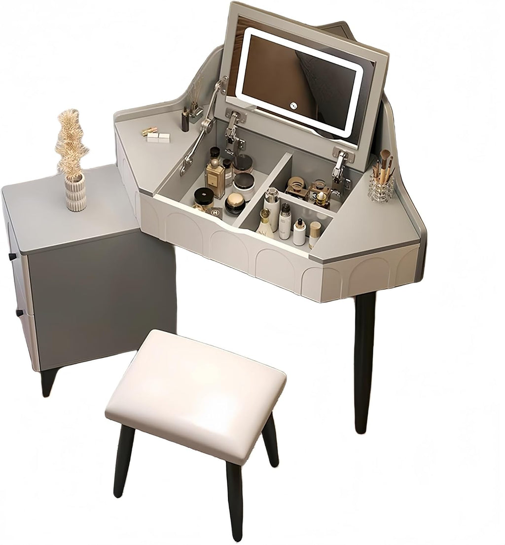 Modern Flip Top Vanity Table with LED Mirror and Drawers, Corner Dresser with Side Storage Cabinet in Small Space, Makeup Desk with Ergonomic Chair(Gray,W/CHR-A)