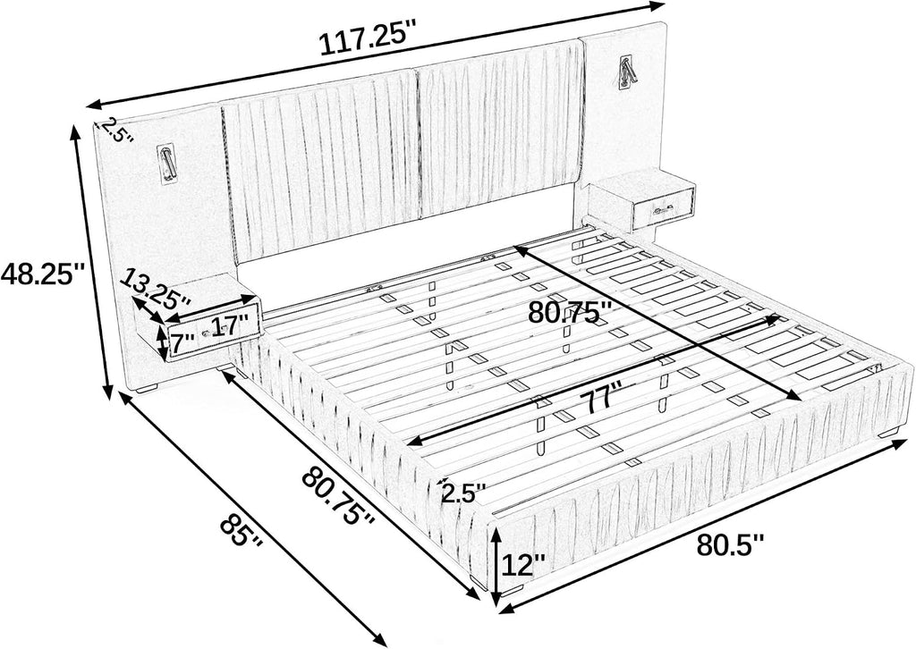 King Size Upholstered Platform Bed Frame with Headboard & Built-in Nightstand, Luxury Bed Frame for Modern Bedroom Sets, No Box Spring Needed, Stable & Adjustable Lighting(Beige)