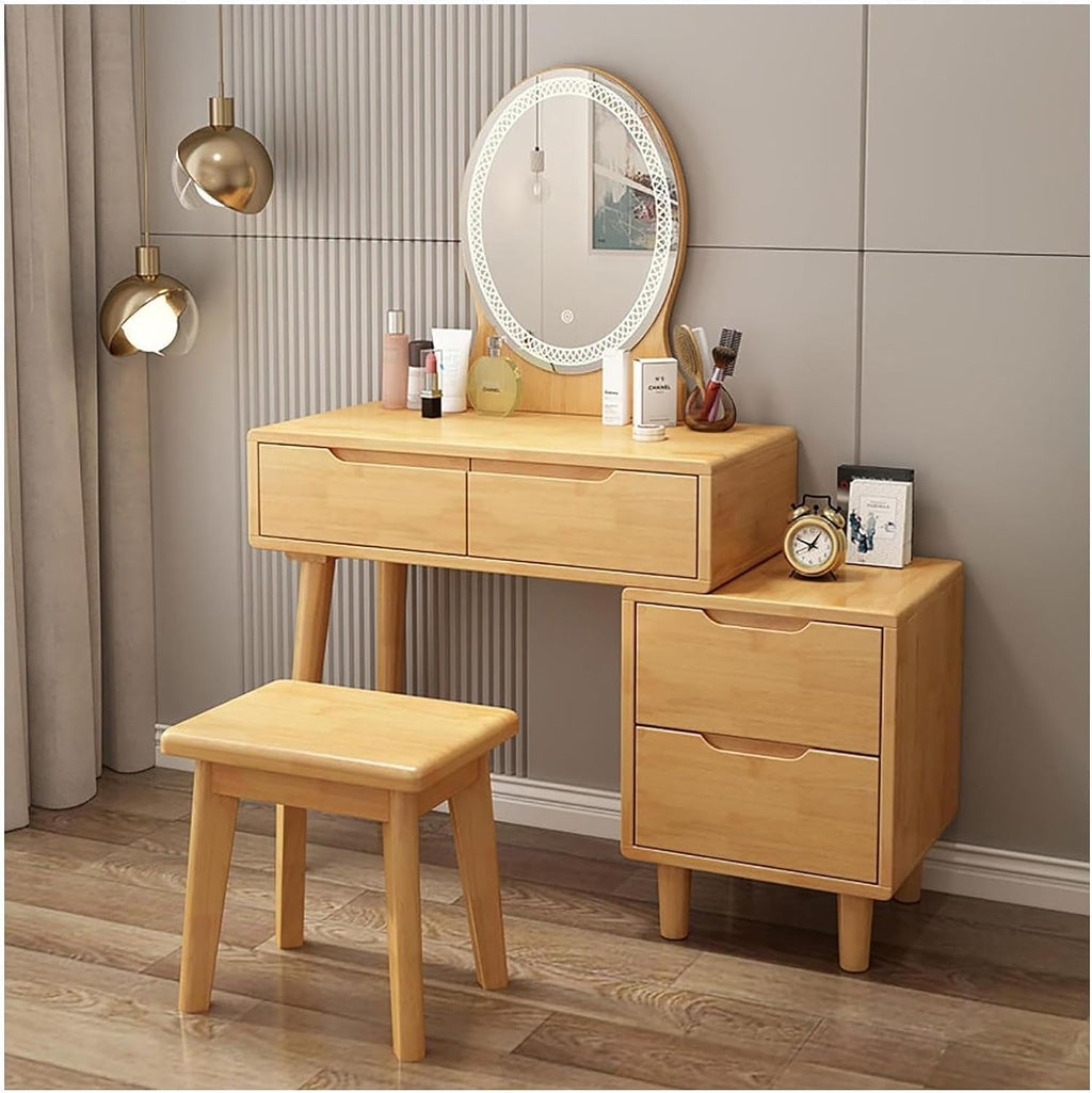 Rieort Vanity Desk MDF Vanity Benches with Adjustable Lights Mirror Makeup Table 4 Drawers Vanity Table Set Luxury Dressing Table
