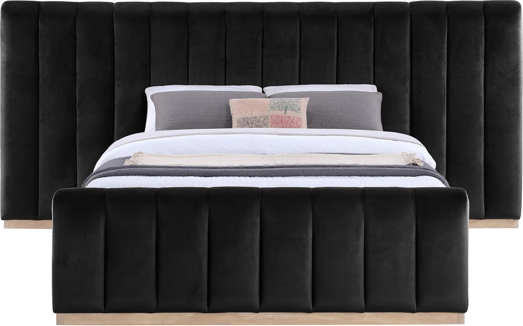 Meridian Furniture AmaraBlack-Q117 Collection Modern | Contemporary Queen Bed, Ultra Luxe Black 460 GSM Velvet, Natural Finish, Solid Wood Base and Inner Frame, 117' W x 99' D x 51' H, Black, Queen