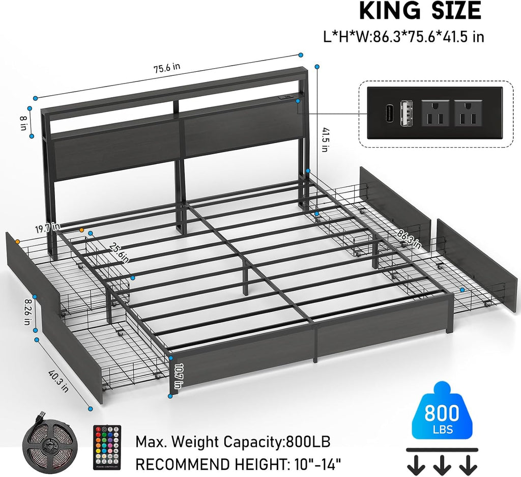 Fabulis King Bed Frame with Storage Headboard and 4 Drawers, Metal Platform Bed Frame with LED Light, Charging Station, No Box Spring Needed, Noise Free, Easy Assembly,Charcoal Grey