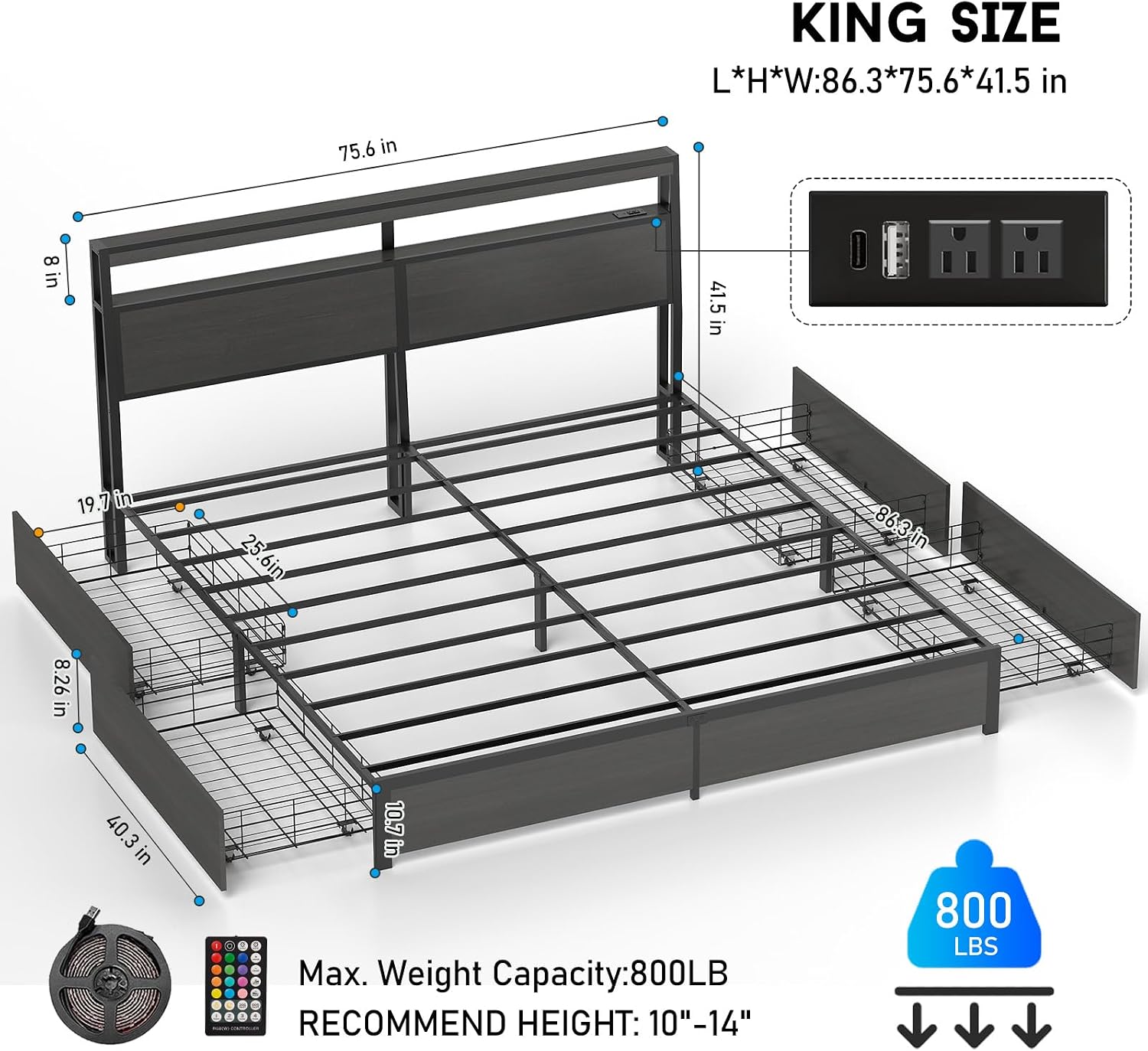 Fabulis King Bed Frame with Storage Headboard and 4 Drawers, Metal Platform Bed Frame with LED Light, Charging Station, No Box Spring Needed, Noise Free, Easy Assembly,Charcoal Grey
