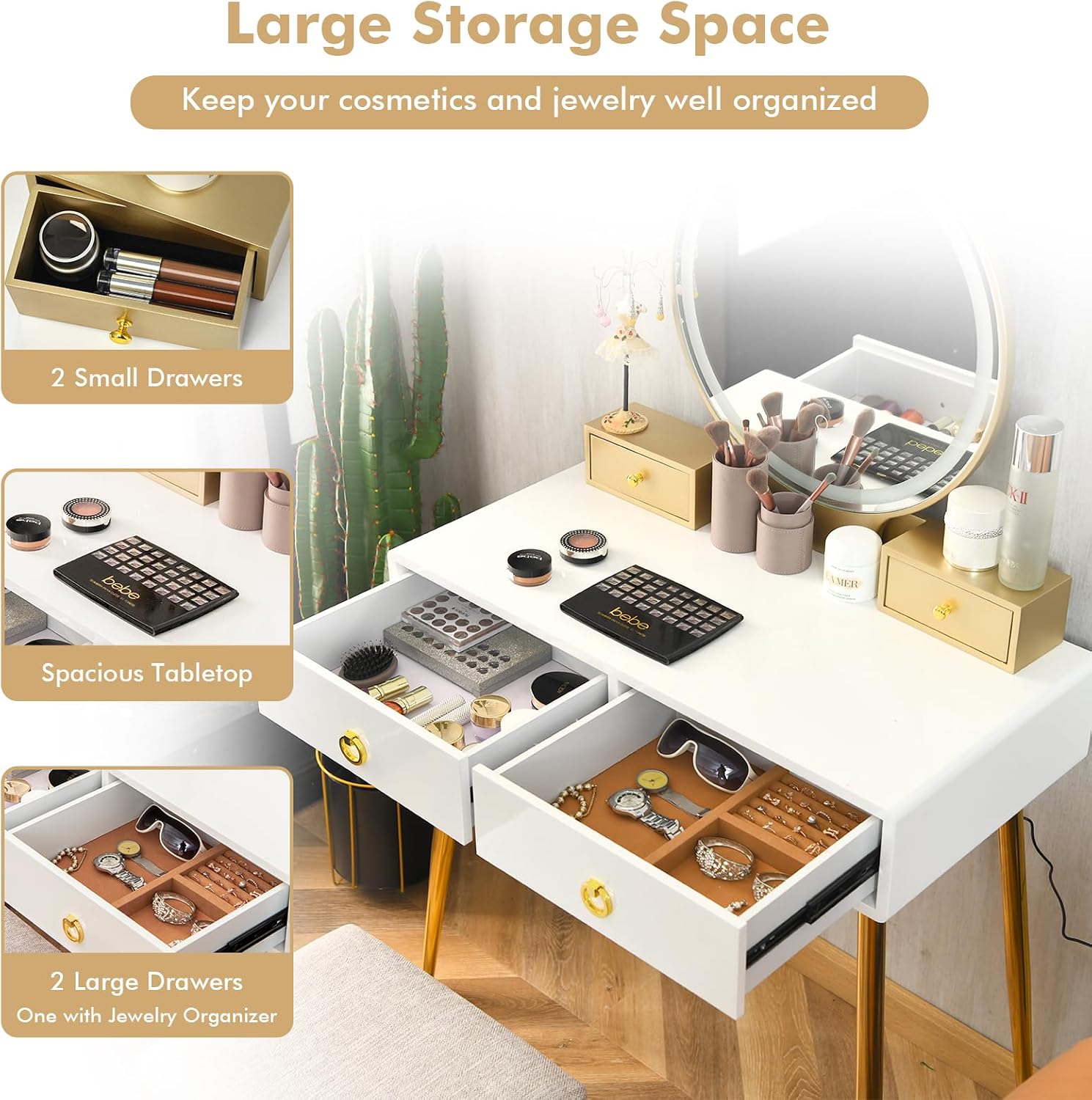 COSTWAY Vanity Table Set with Mirror and Lights, Makeup Dressing Table w/ 3 Color Lighting Modes & Adjustable Brightness, Vanity Mirror with Desk and Cushioned Stool for Women Girls (White & Gold)