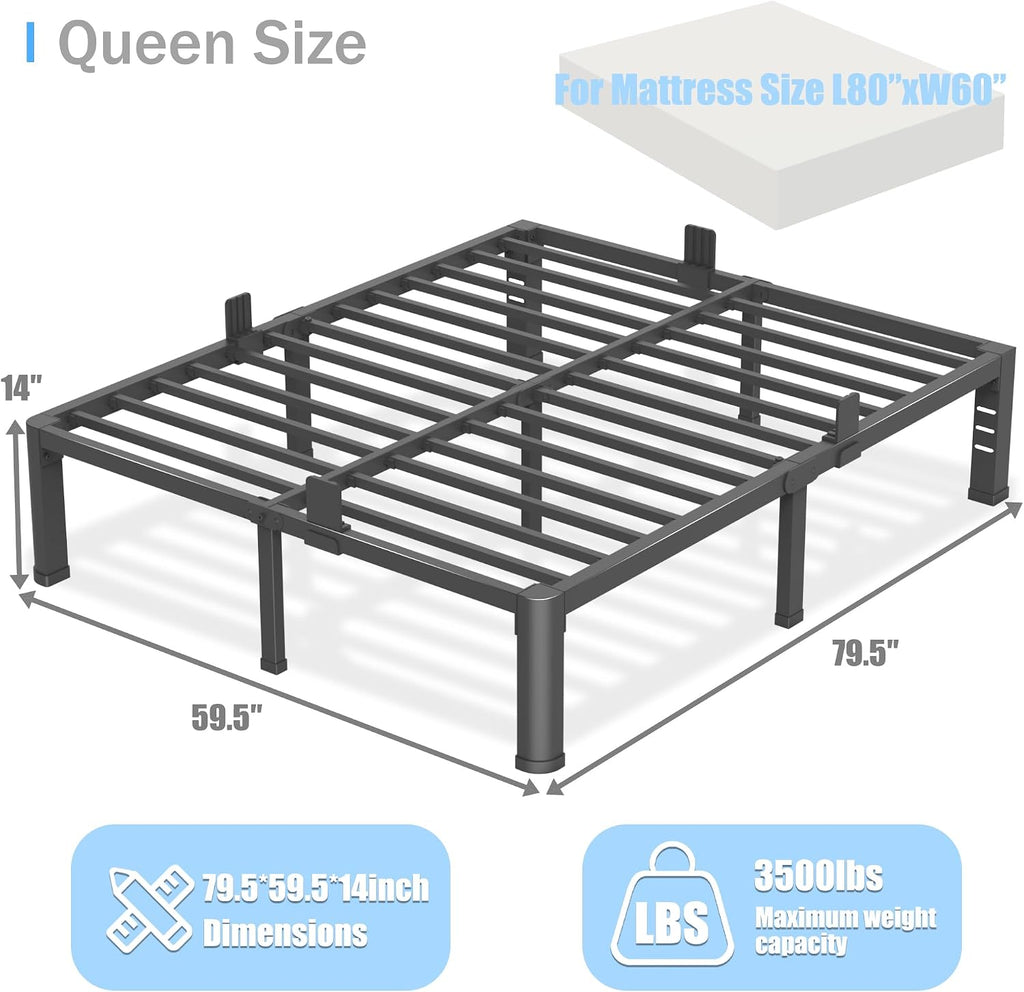 14 inch Queen Bed Frame with Round Corner Legs and Headboard Hole Mattress Slide Stopper 3500 lbs Heavy Duty Metal Platform,Steel Slats Support,No Box Spring Needed,Easy Assembly,Noise Free