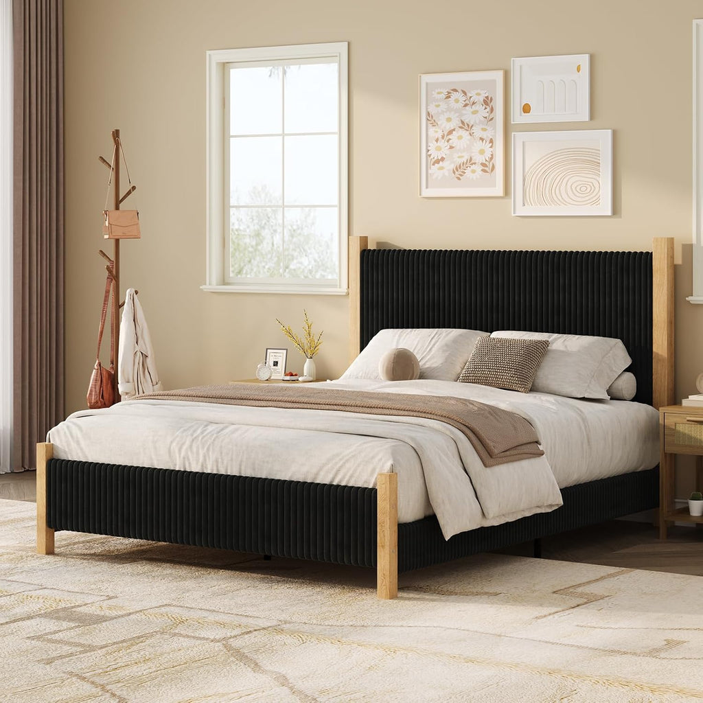 HOMBCK Queen Size Bed Frame with Headboard, Corduroy Upholstered Bed Frame Queen, No Box Spring Needed, 4 Solid Wood Support, Noise-Free, Easy Assembly for Couples, Master Bedrooms, Black