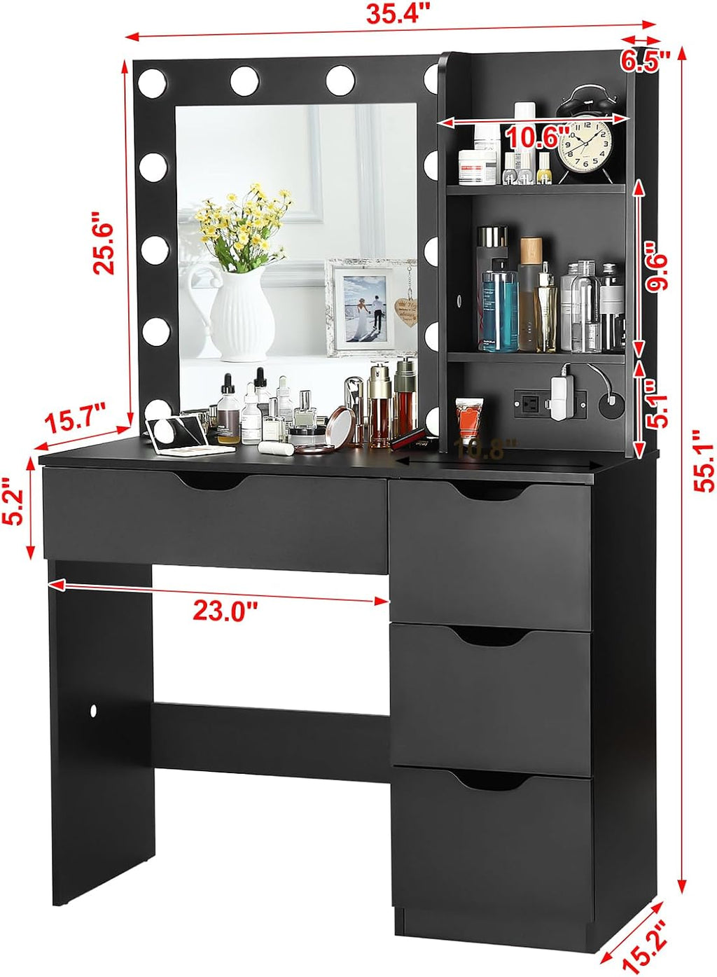 Modern Vanity Makeup Desk with Vanity Mirror, Built-in Lights, 4 Drawers, Crystal Ball Knobs, Power Outlet, White Makeup Desk for Bedroom