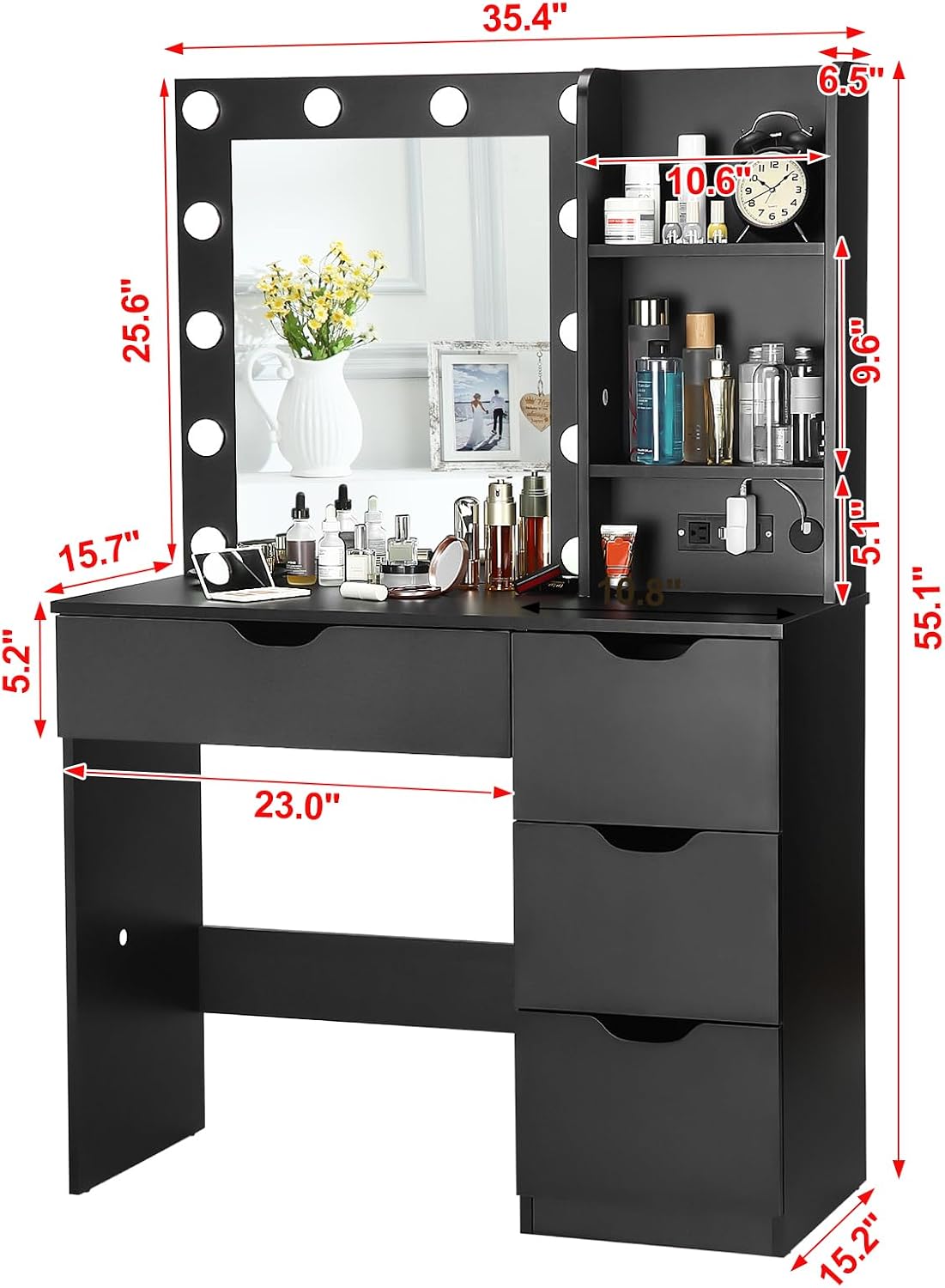 Modern Vanity Makeup Desk with Vanity Mirror, Built-in Lights, 4 Drawers, Crystal Ball Knobs, Power Outlet, White Makeup Desk for Bedroom