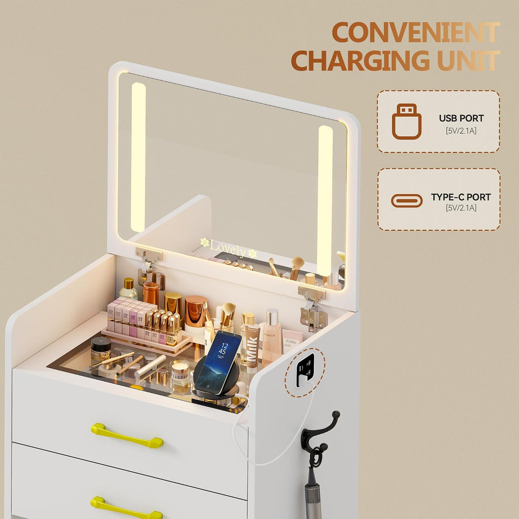 3 in 1 Vanity Desk with Flip up Mirror and Lights,Glass Top Makeup Vanity Table with Charging Station,LED Compact Dressing Table with 3 Drawer and Wheel Storage Stool for Bedroom(White)