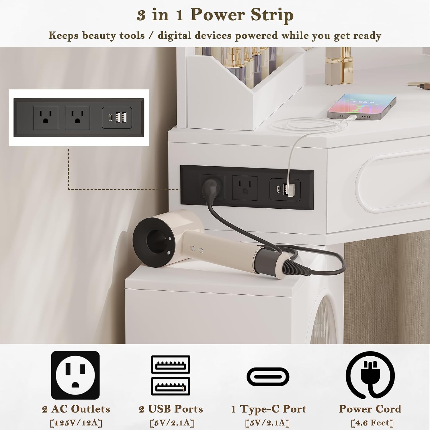 Corner Vanity Desk with 3 Way Mirror & LED Lights, Makeup Table Set with Charging Station, Storage Drawers & Side Cabinets, Modern Bedroom Dressing Table for Women & Girls Birthday Gift
