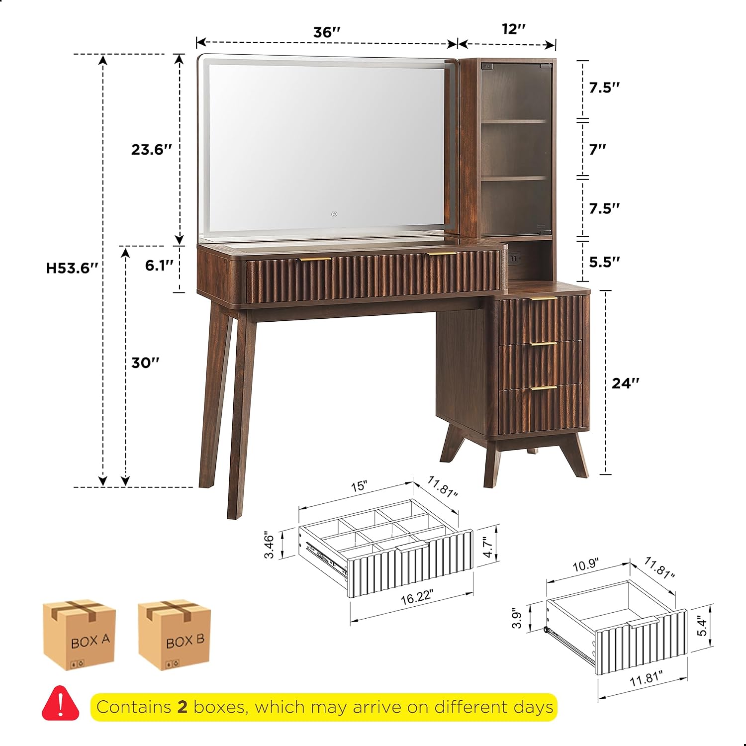 T4TREAM 48' Fluted Makeup Vanity Desk with Large 36' Mirror and Lights, Modern Glass Top Big Vanity Table w/5 Drawers & Adjustable Shelves, Dressing Table w/Charging Station for Bedroom, Dark Walnut