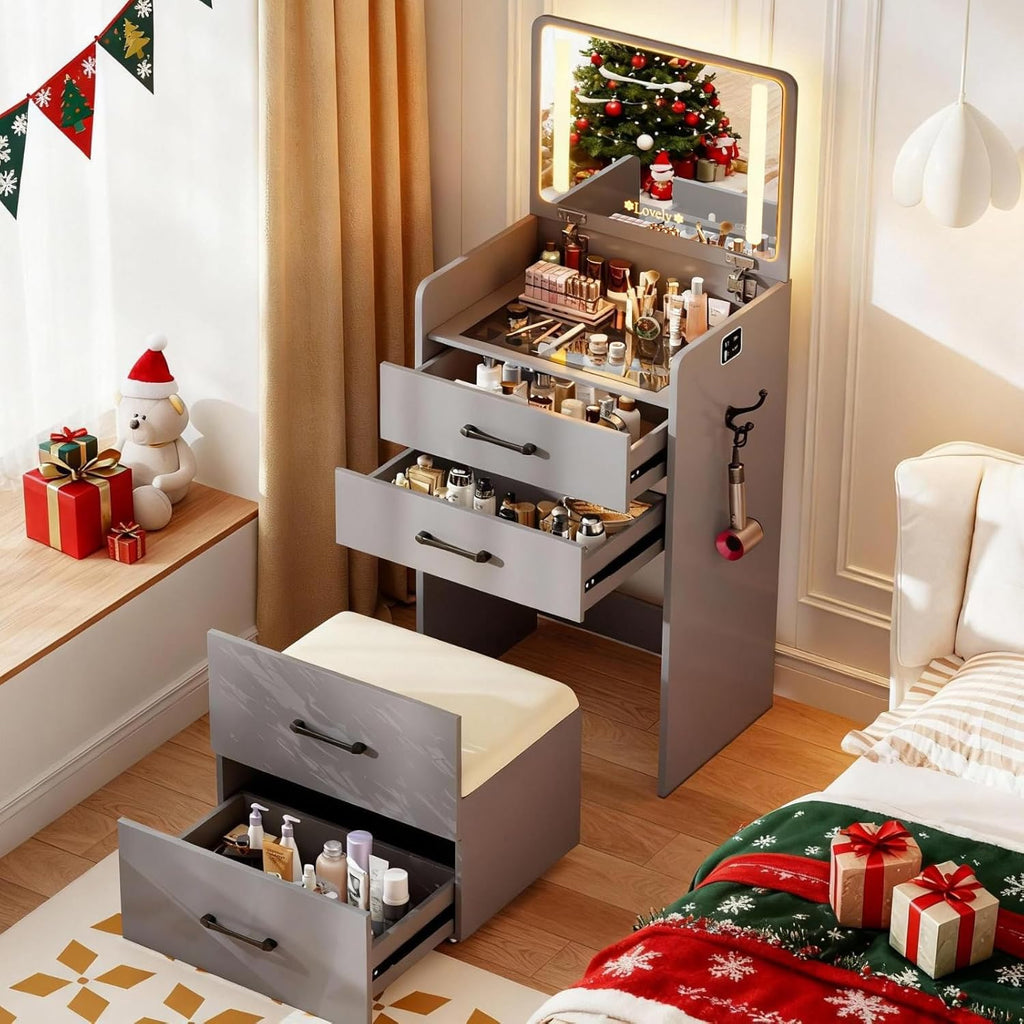 3 in 1 Vanity Desk with Flip up Mirror and Lights, Glass Top Makeup Vanity Table with Charging Station,LED Compact Dressing Table with 3 Drawer and Wheel Storage Stool for Bedroom(Grey)