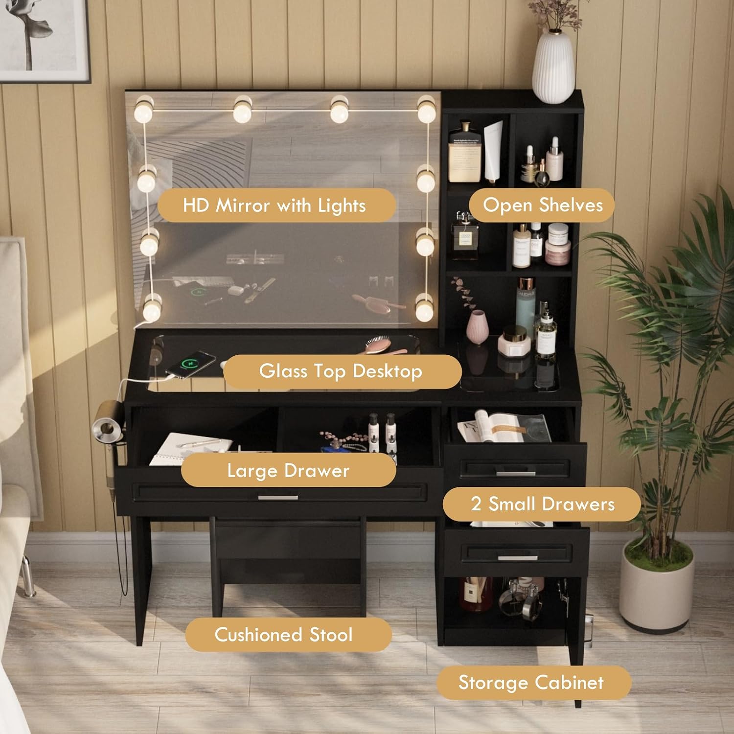 Fameill Vanity Desk with Lighted Mirror & Power Strip,Large Vanity Table with Glass top and Lots Storage,3 Drawer Makeup Desk with Hair Dryer Stand,3 Lighting Modes,Black