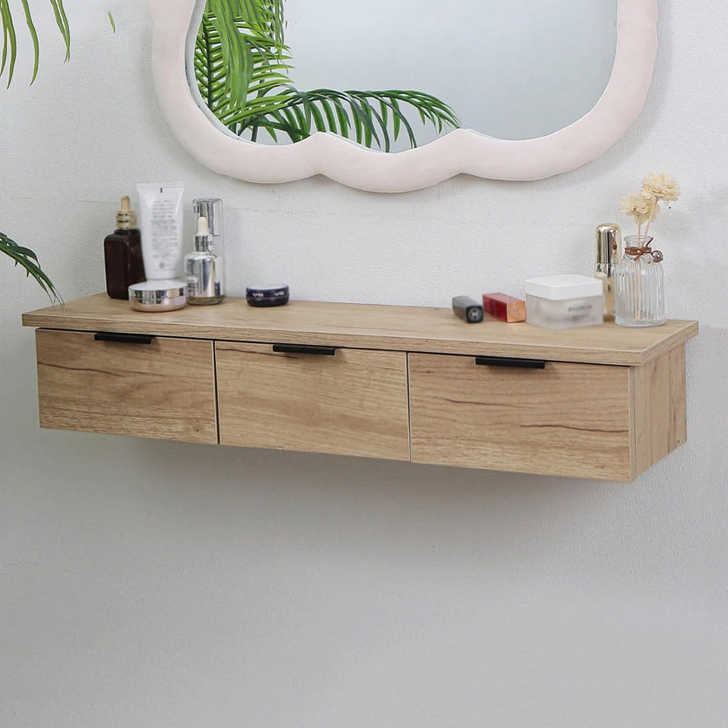 80cm Floating Vanity Makeup Table with 3 Drawers, Wall-Mounted Wood Makeup Desk, Modern Corner Space-Saving Desk or Nightstand, for Bedroom(A)