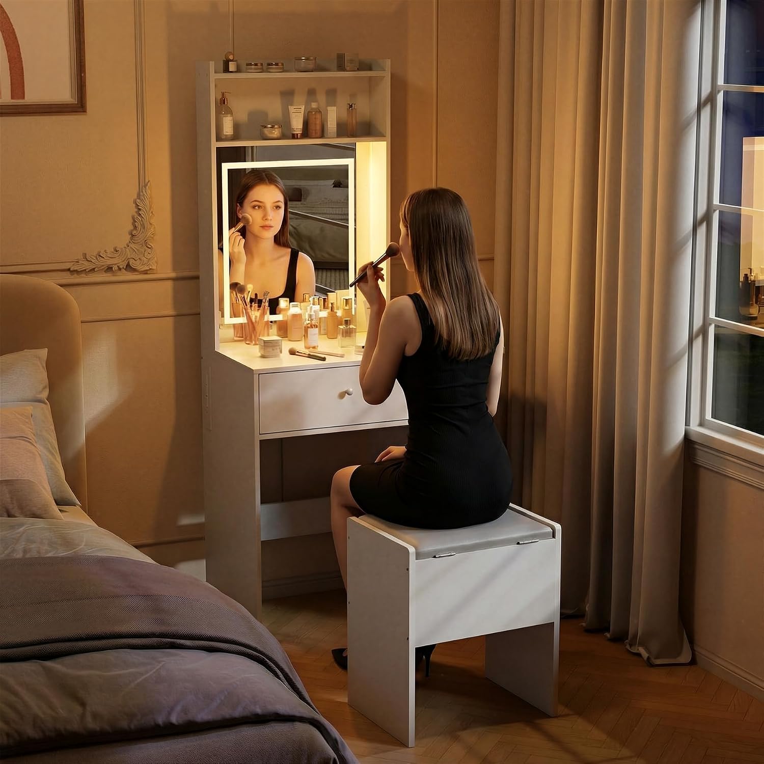 Garvee White Makeup Vanity Desk with Smart LED Mirror & Power Station, Small Vanity Desk with with Fold-up Panel, Storage Chair and Open Shelves for Bedroom