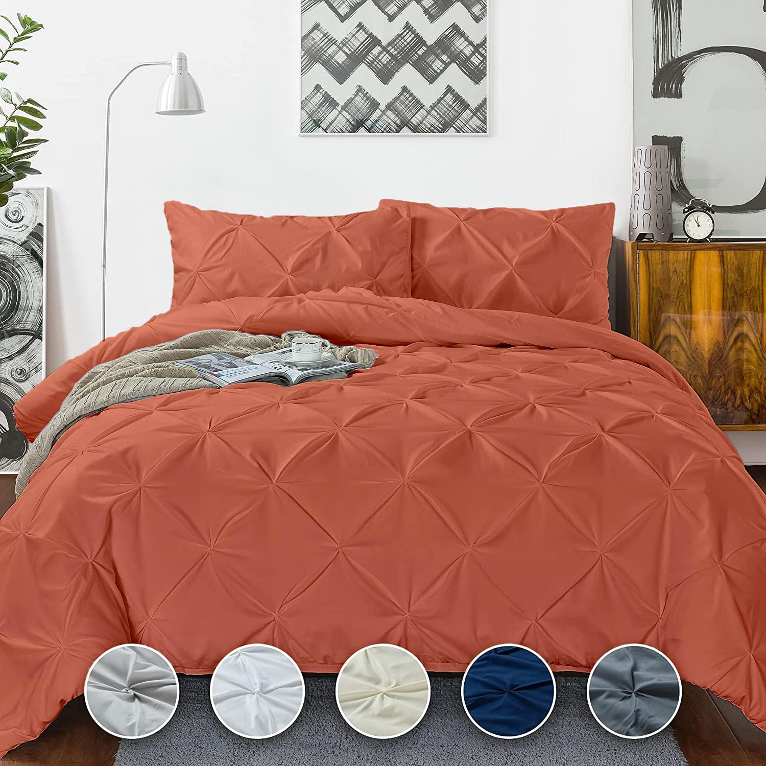 Crown Collection 1000-TC Hypoallergenic Ultra Soft Design 100% Egyptian Cotton Pinch Plated Duvet Cover with Zipper Colser & 2pcs Pillow Case Set (Super King Plus 120X120, Burnt Orange)