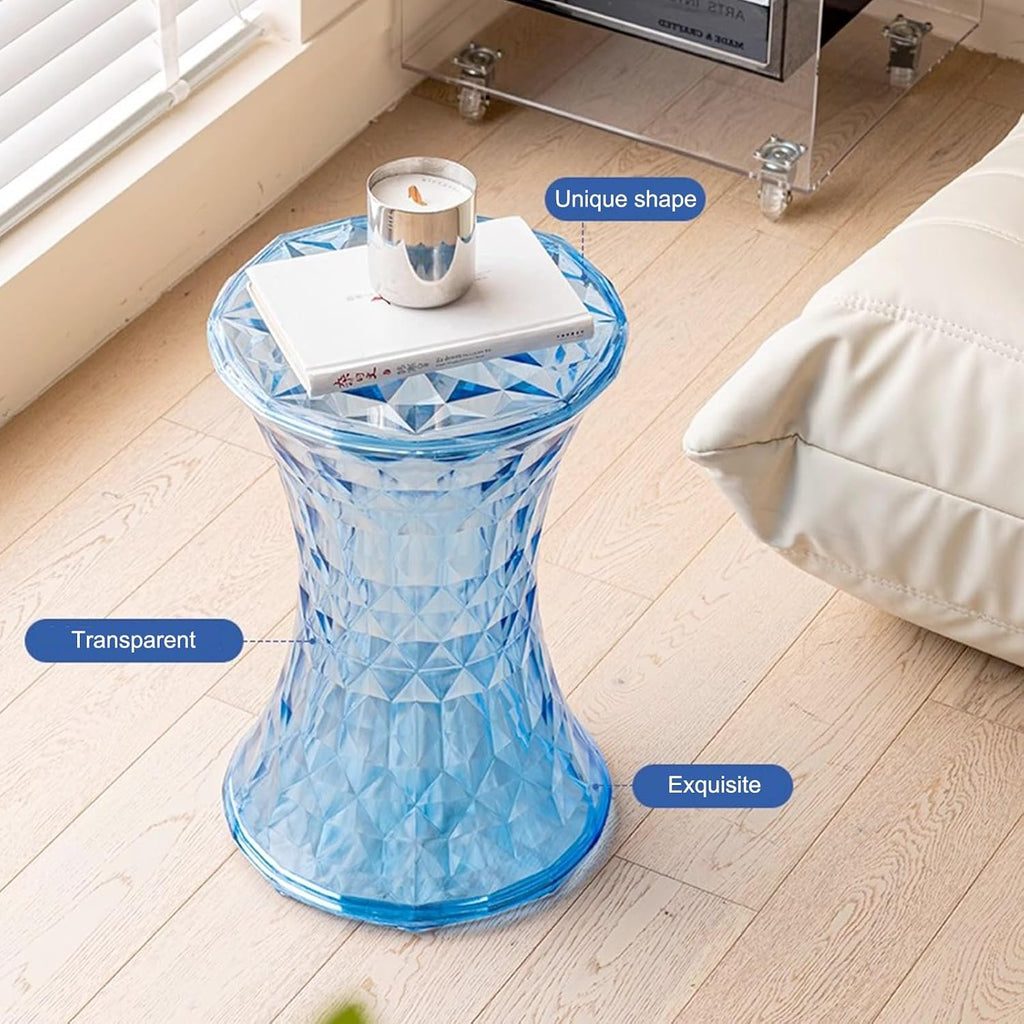 Acrylic Transparent Drum Table, Diamond Shaped Modern Vanity Stool/Side Table, Rounded and Soft Corners, Stable Support for Chair Feet, for Indoor and Outdoor Use(Blue)