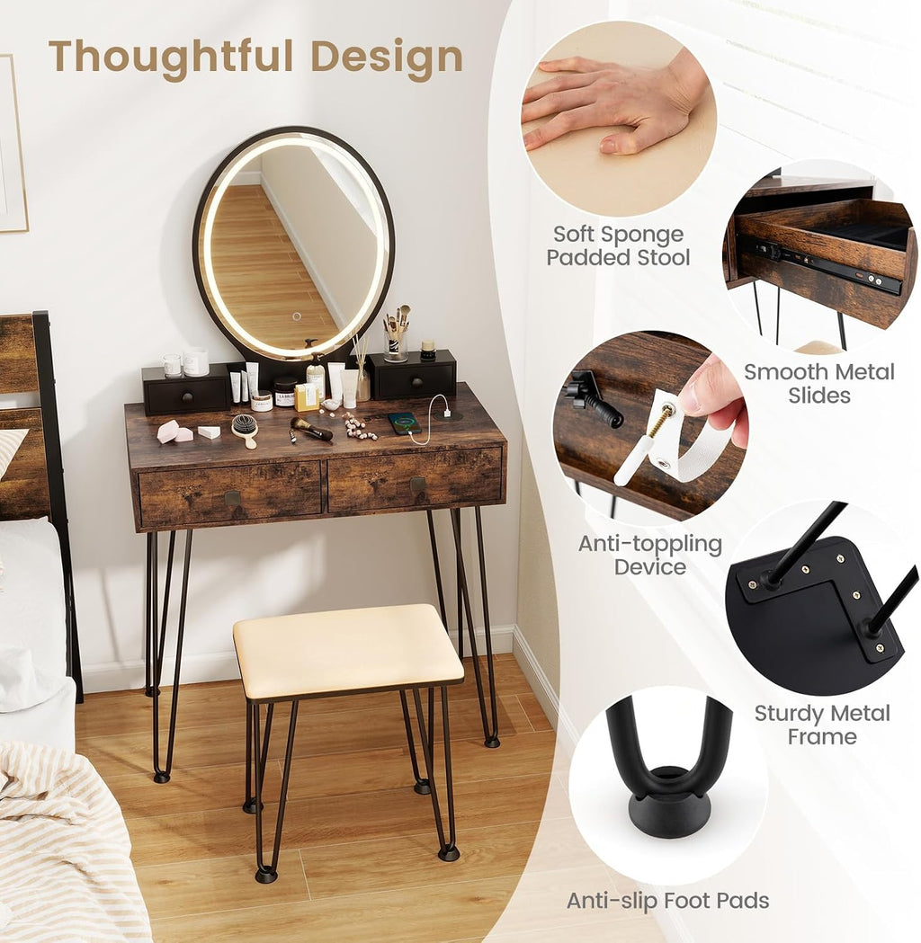 COSTWAY Vanity Desk Set with Mirror and Lights, Vanity Mirror with 3 Color Lighting Modes & Adjustable Brightness, Makeup Dressing Table with Cushioned Stool for Women Girls (Natural & Black)