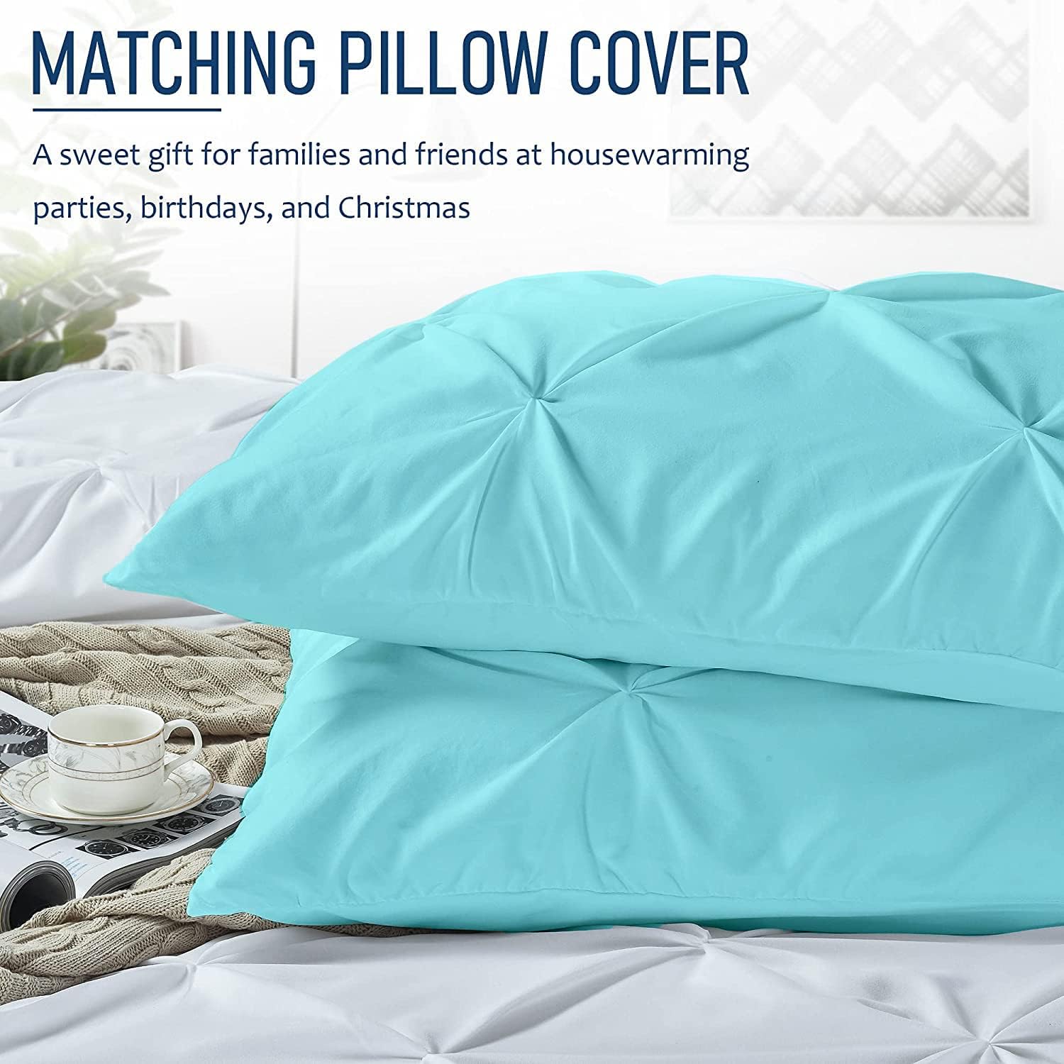 Crown Collection Luxuriate Hotel 1000-TC Hypoallergenic Ultra Soft Design 100% Egyptian Cotton Pinch Plated Duvet Cover with Zipper Colser & 2pcs Pillow Case Set (Super King Plus 120X120, Aqua)