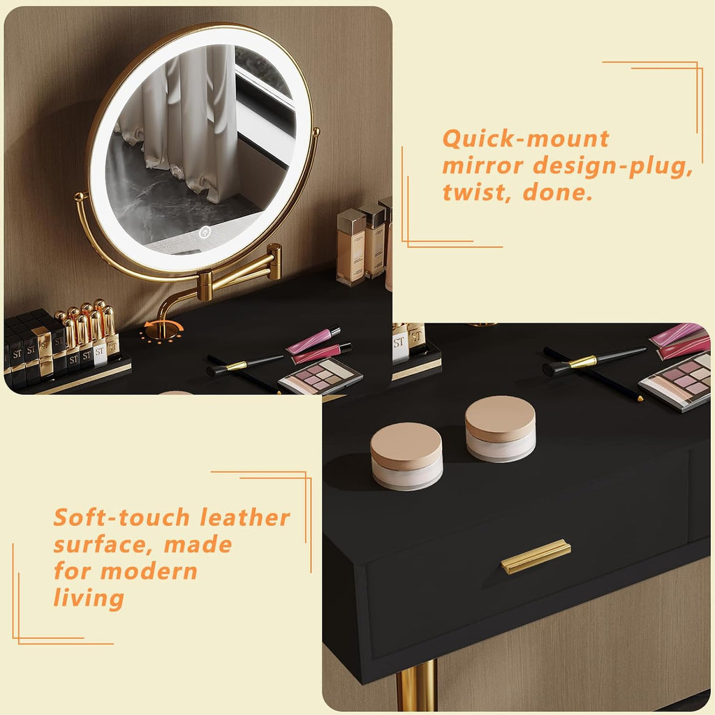 Vanity Desk with Adjustable Mirror and Lights, Makeup Vanity with 2 Drawers and Chair, Small Dressing Table with Leather Surface for Bedroom, 3 Lighting Modes (Black)