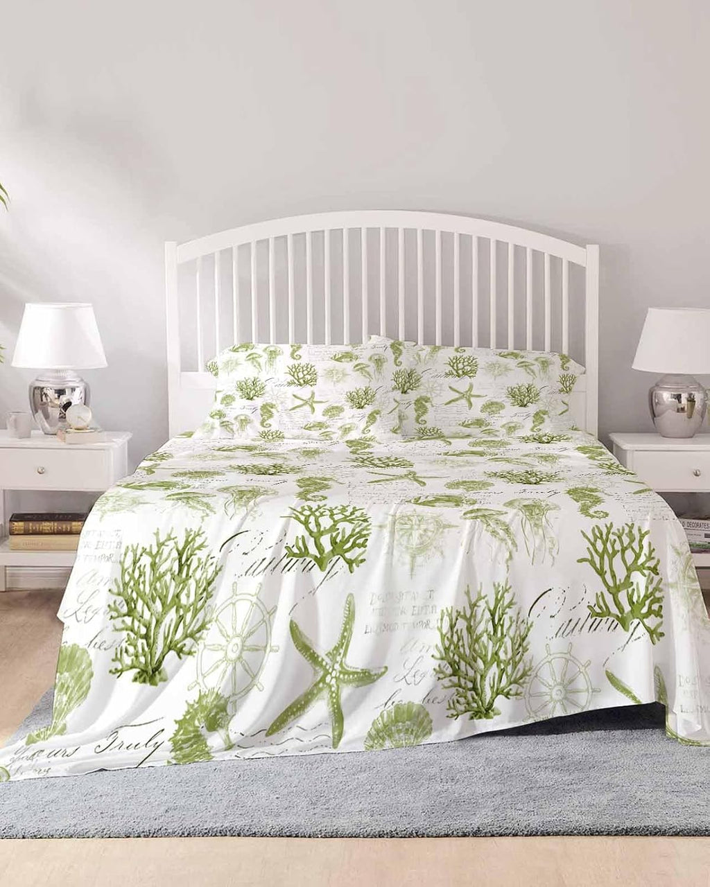 Sage Green Coastal Cal King Sheet Set 4 Piece Bedding - Starfish Jellyfish Fish Coral Shells Breathable Comfy Cooling Bed Sheets & Pillowcase Sets,Hotel Luxury Flat Sheets Deep Pockets Fitted Sheet