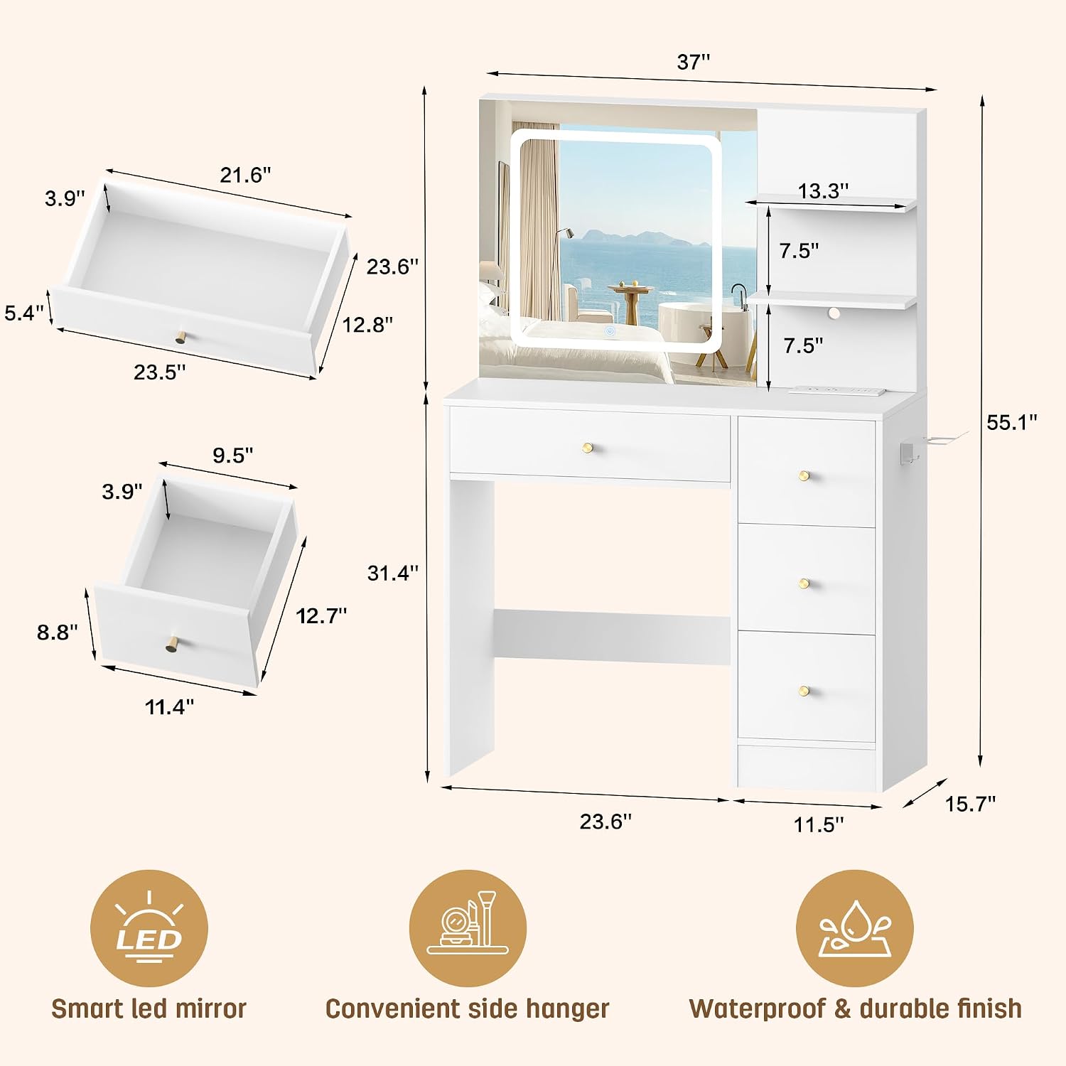 Makeup Vanity Desk with Mirror and Lights, 37' White Vanity Desk with Power Outlet & USB, 3 Modes Dimmable LED Mirror with 4 Drawers, Modern Vanity Table for Bedroom