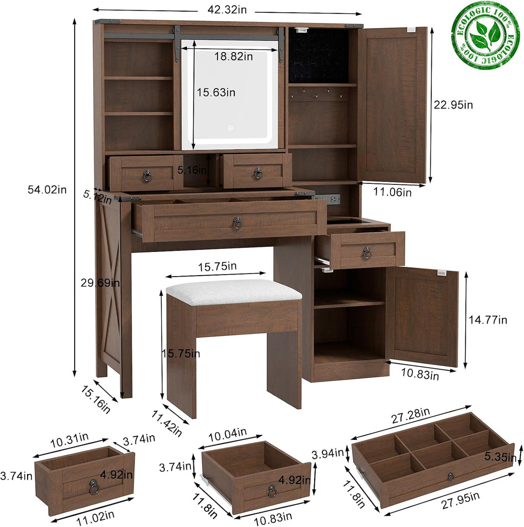 Farmhouse Makeup Vanity Desk with Sliding Mirror and Lights, 42 Wood Vanity Table Set with Glass Top, Power Outlets, Jewelry Storage Cabinet, 4 Drawers, Stool for Country Room Decor, Vintage Cocoa