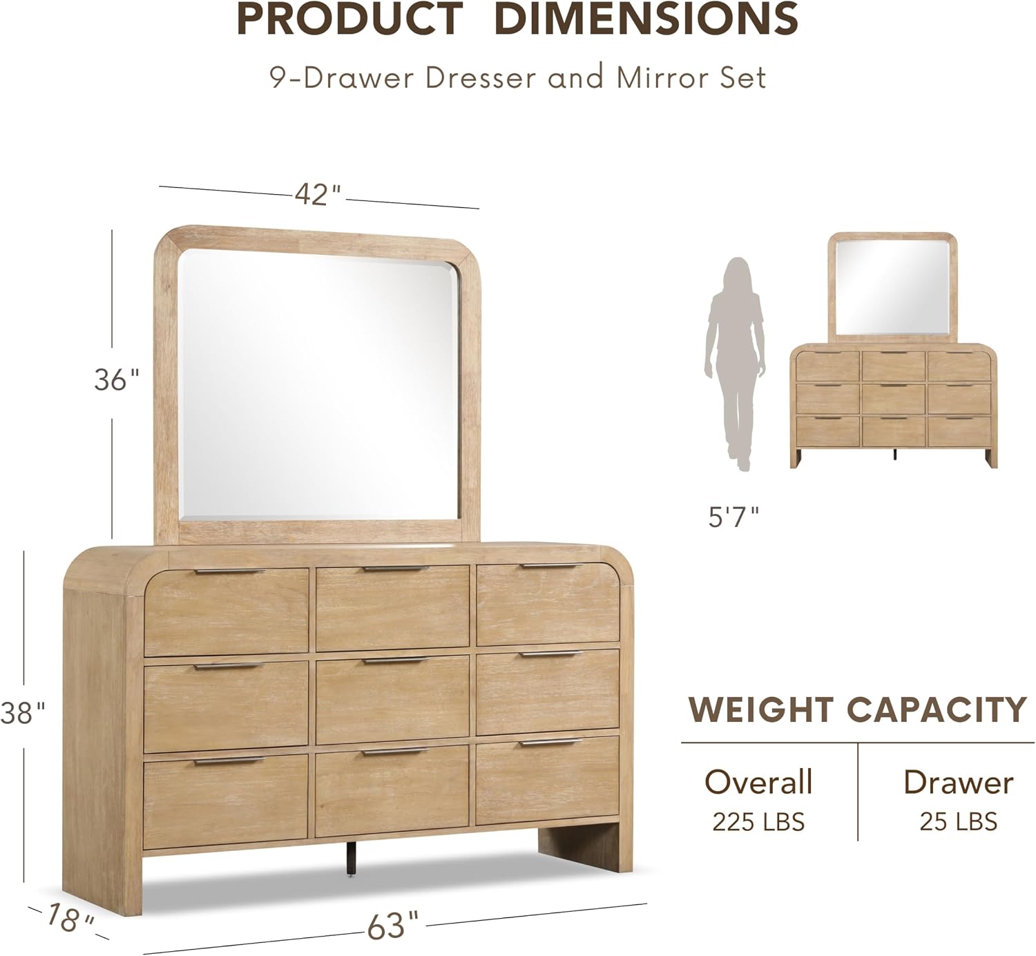 Furniture of America Verena Boho Solid Wood 4-Piece Bedroom Set with Padded Headboard Bed, Metal Side Glide, Finger Pulls on Nightstand and Dresser with Mirror, Box Spring Needed, Queen, Natural