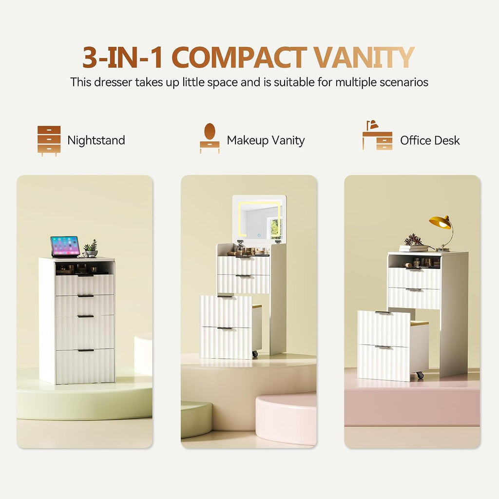 3-in-1 Small Vanity Desk with Flip Top Mirror and Lights,Fluted Compact Makeup Vanity with Storage Stool and Drawers,Mini Vanity Table Set for Bedroom Furniture,White