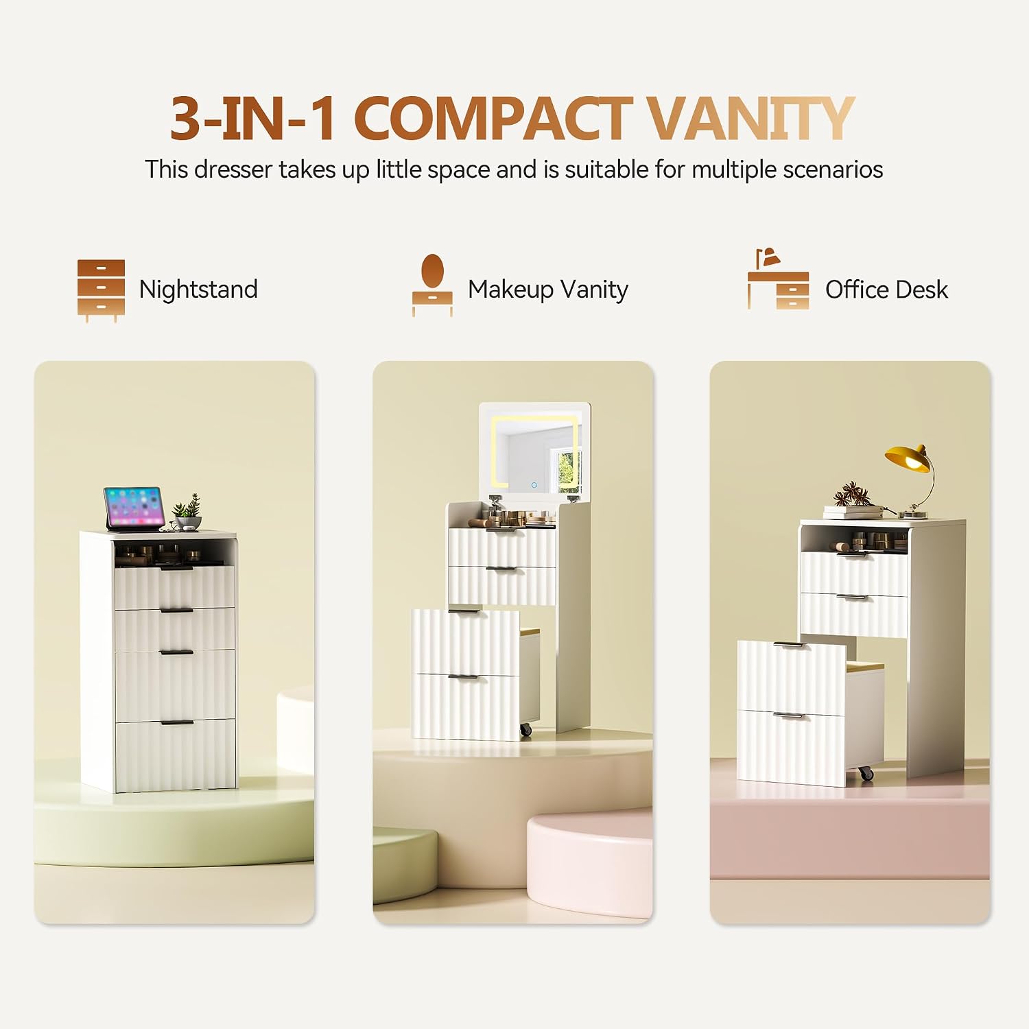 3-in-1 Small Vanity Desk with Flip Top Mirror and Lights,Fluted Compact Makeup Vanity with Storage Stool and Drawers,Mini Vanity Table Set for Bedroom Furniture,White