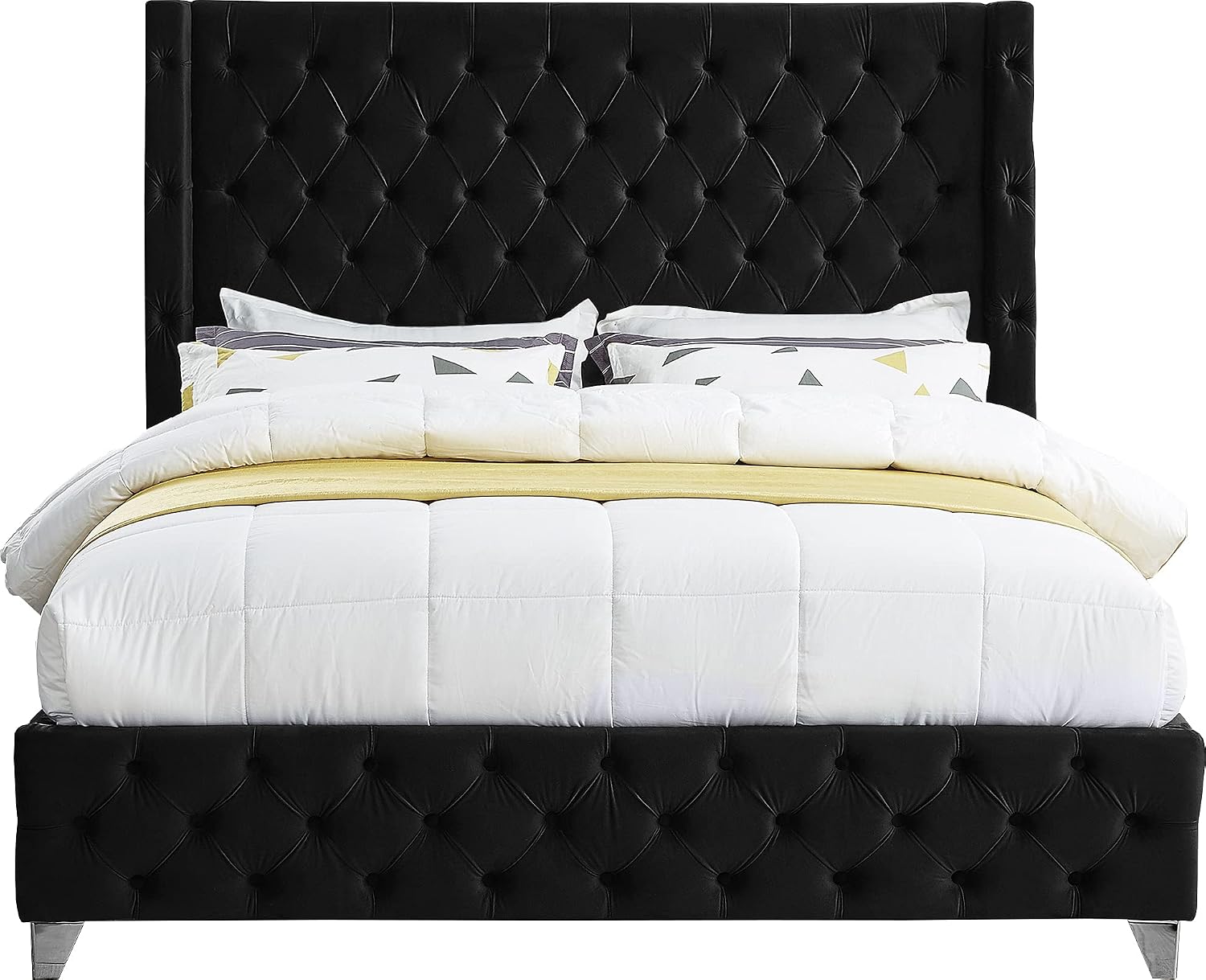 Meridian Furniture SavanBlack-F Savan Collection Modern | Contemporary Velvet Upholstered Bed with Deep Button Tufting in Gold or Chrome Finish, 66' W x 81' D x 56' H, Black, Full