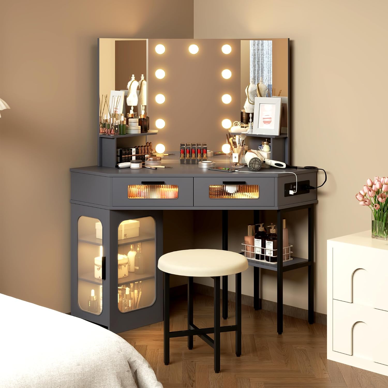 Lareth Corner Vanity Desk with 3 Way Mirror and Lights, Modern Makeup Vanity with Charging Station, Stool, 45.5' Large Bedroom Dressing Table with 2 Drawers & Shelves, Gifts for Girls Women, Grey