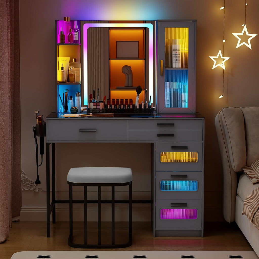 Grey Makeup Vanity Desk with Mirror and Lights,Vanity Table Set with Charging Station, Dressing Table with RGB Cabinets,Girls Vanity with Makeup Organizer and Drawers