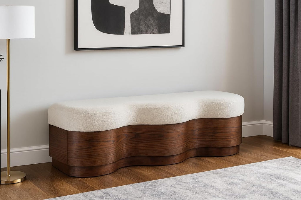 Meridian Furniture 22082Cream Savoy Collection Art Deco Bench with Soft Cream Velour Fur Fabric, Rich Brown Walnut Finish, Mix of Solid Wood & MDF, 60' W x 18.5' D x 18.5' H, Cream