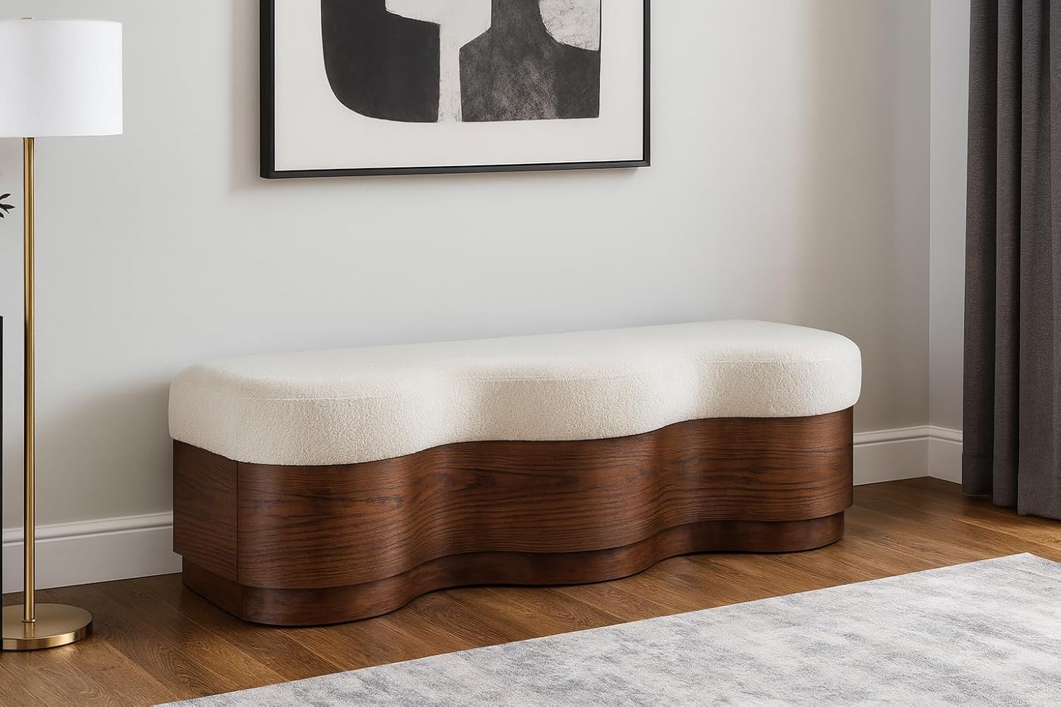 Meridian Furniture 22082Cream Savoy Collection Art Deco Bench with Soft Cream Velour Fur Fabric, Rich Brown Walnut Finish, Mix of Solid Wood & MDF, 60' W x 18.5' D x 18.5' H, Cream