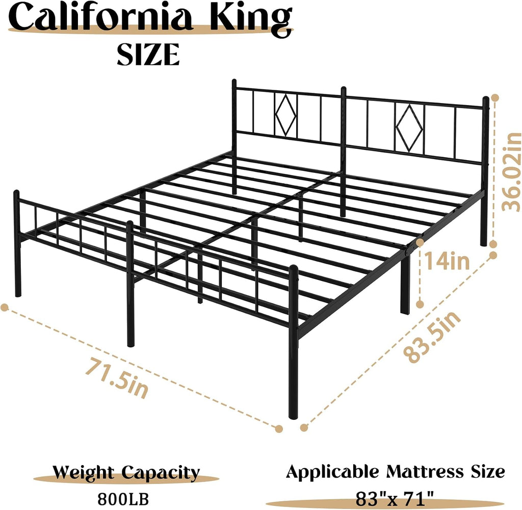 14 inch California King Size Bed Frame Metal Platform Mattress Foundation with headboard Footboard，No Box Spring Needed/Under Bed Storage/Easy Assembly，Black