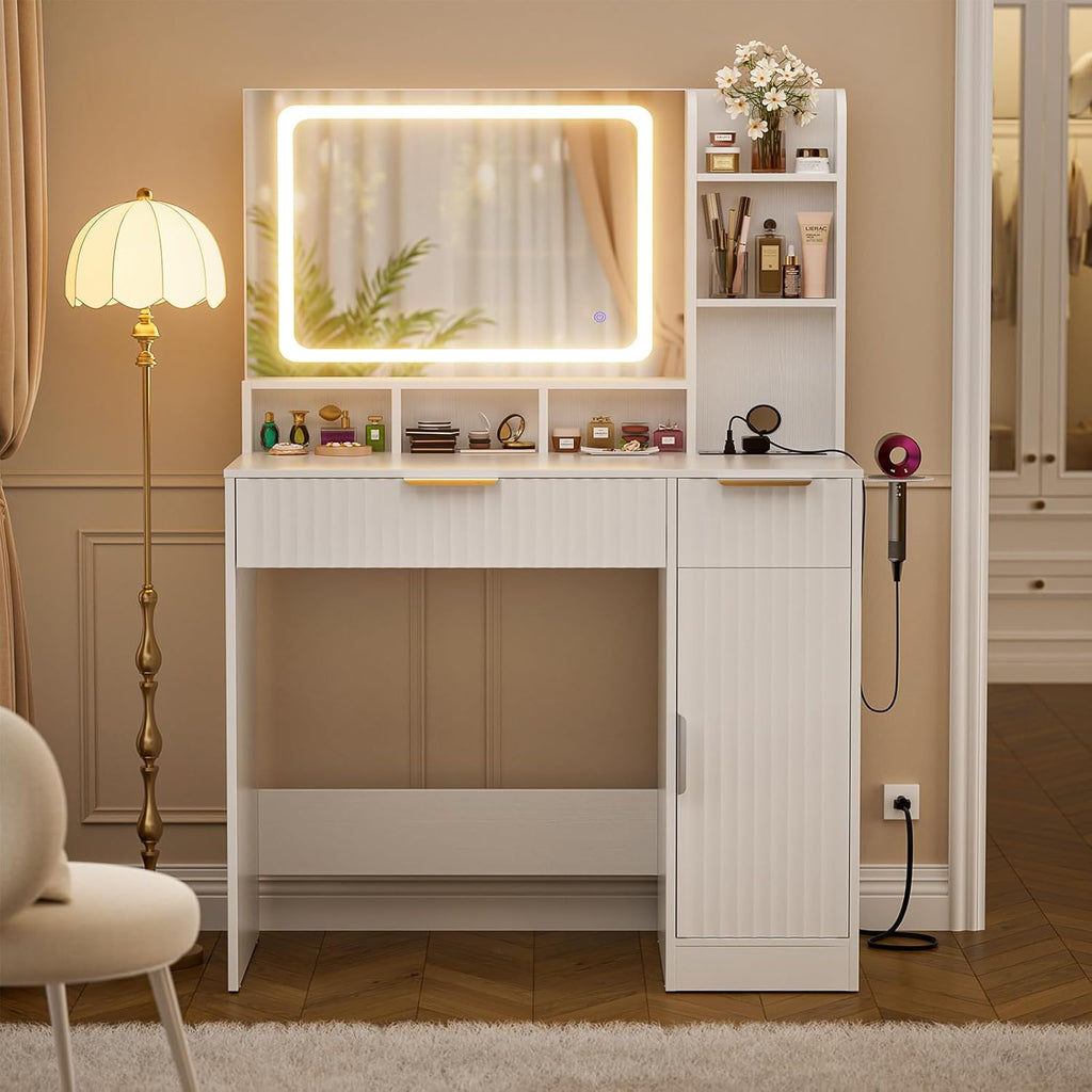 Cyclysio Fluted Vanity Desk with Mirror and Lights, Wood Makeup Vanity Desk with Power Strips, Modern Dressing Table with Drawers & Cabinet for Bedroom, White