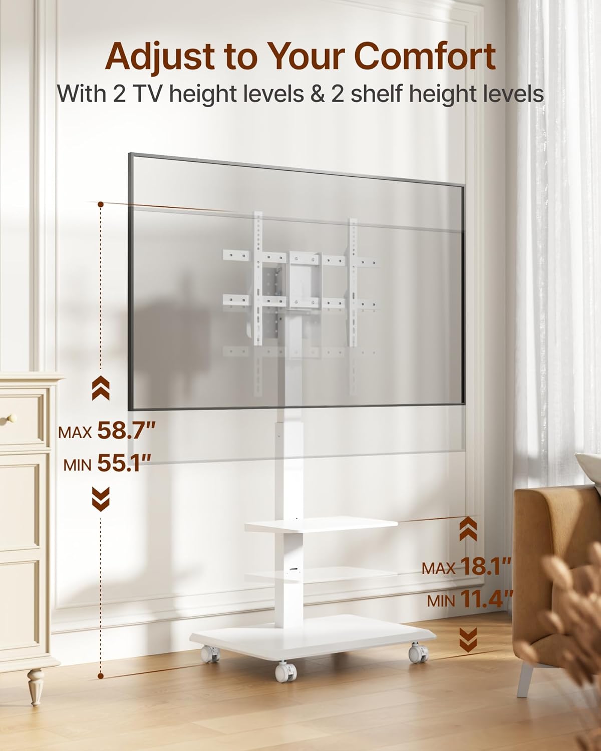 Steel Base Rolling TV Stand for 37-86 Inch TVs up to 110 lbs, Rotating & Tilt & Swivel Mobile TV Stand with Pegboard Storage Panel, Height Adjustable Portable TV Cart with Steel Shelf, White
