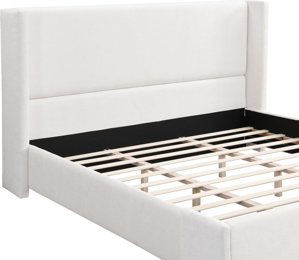 King Size Upholstered Bed Frame with Tall Headboard, Elegant White Fabric Platform Bed, Sturdy Wood Slats Support, No Box Spring Needed, Modern Bedroom, King, White