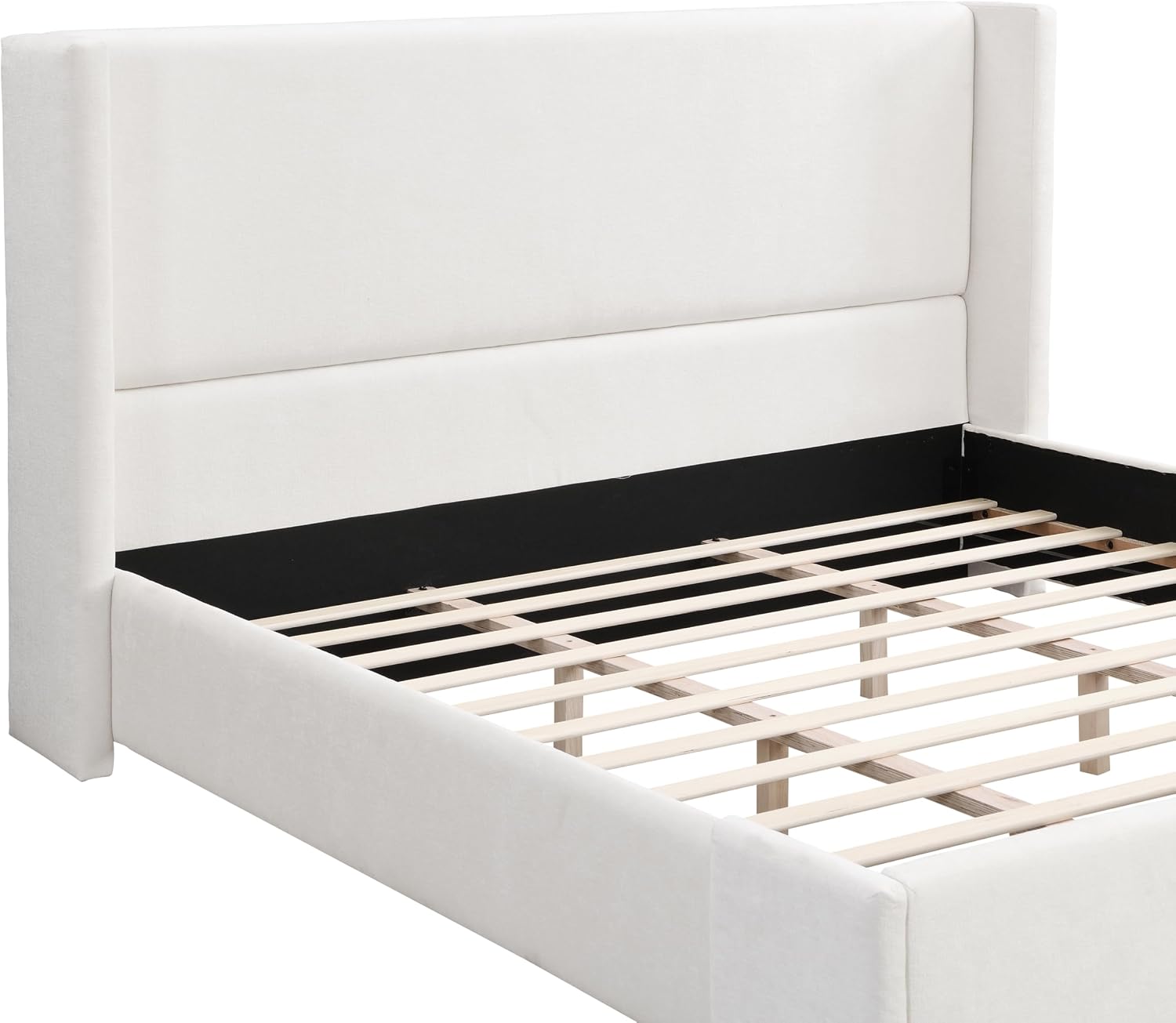 King Size Upholstered Bed Frame with Tall Headboard, Elegant White Fabric Platform Bed, Sturdy Wood Slats Support, No Box Spring Needed, Modern Bedroom, King, White