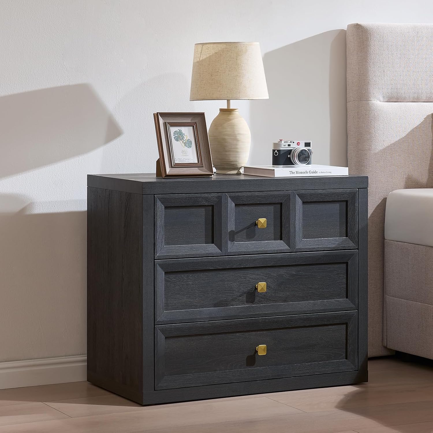 3 Drawers Nightstand W/Charging Station, 30.7' W King Size Bedside Table with 3 Drawers, Accent End Table W/Large Storage, Modern Wood Side Table for Bedroom,Office (1Piece, Gray Black)
